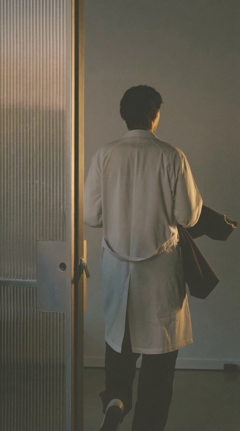 Clinician leaving a consulting room through a fluted glass door