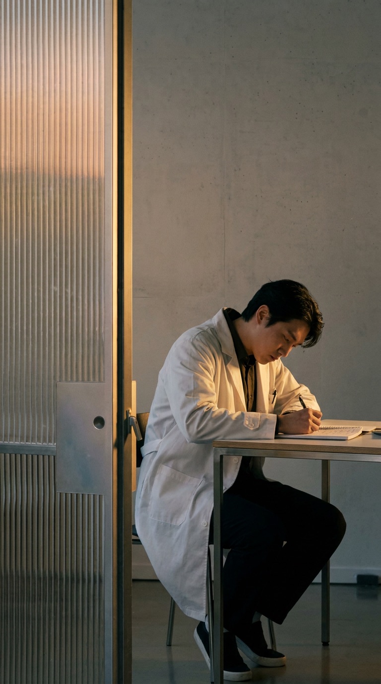 Clinician writing notes at a desk in low evening light