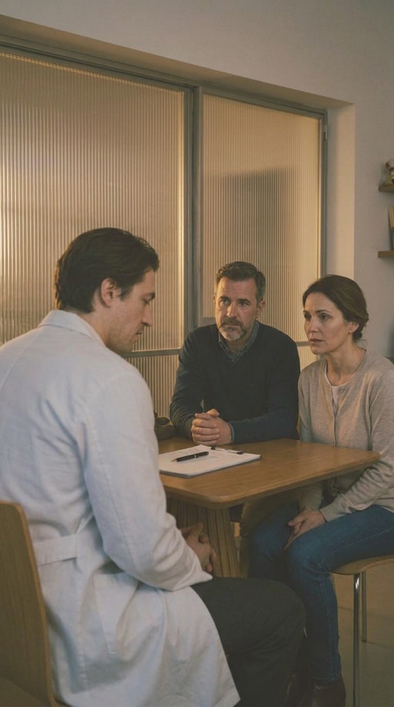 A clinician in consultation with two family members